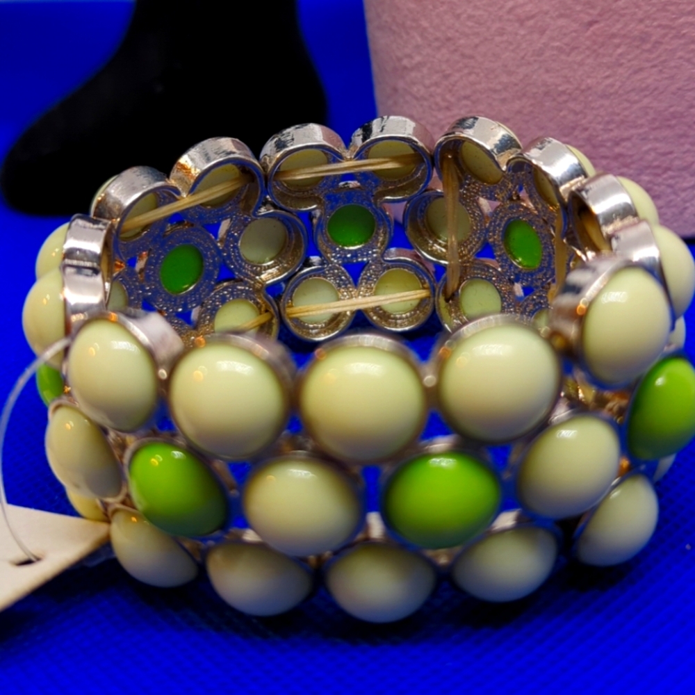 Triple Row Stretch Green Bracelet Nickle & Lead Free Green/Silver NWT